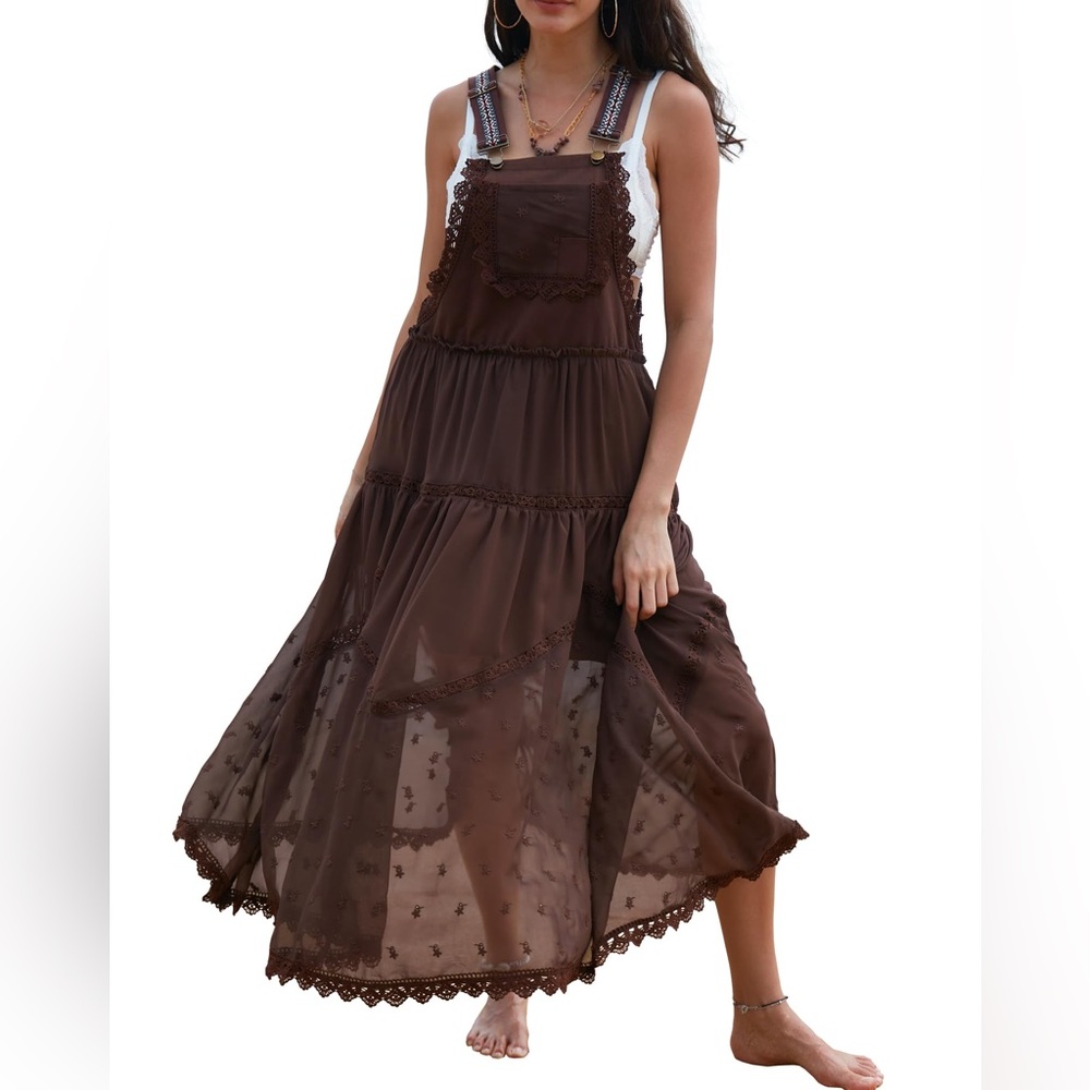 💯Cotton Elegant Brown Lace Midi Dress